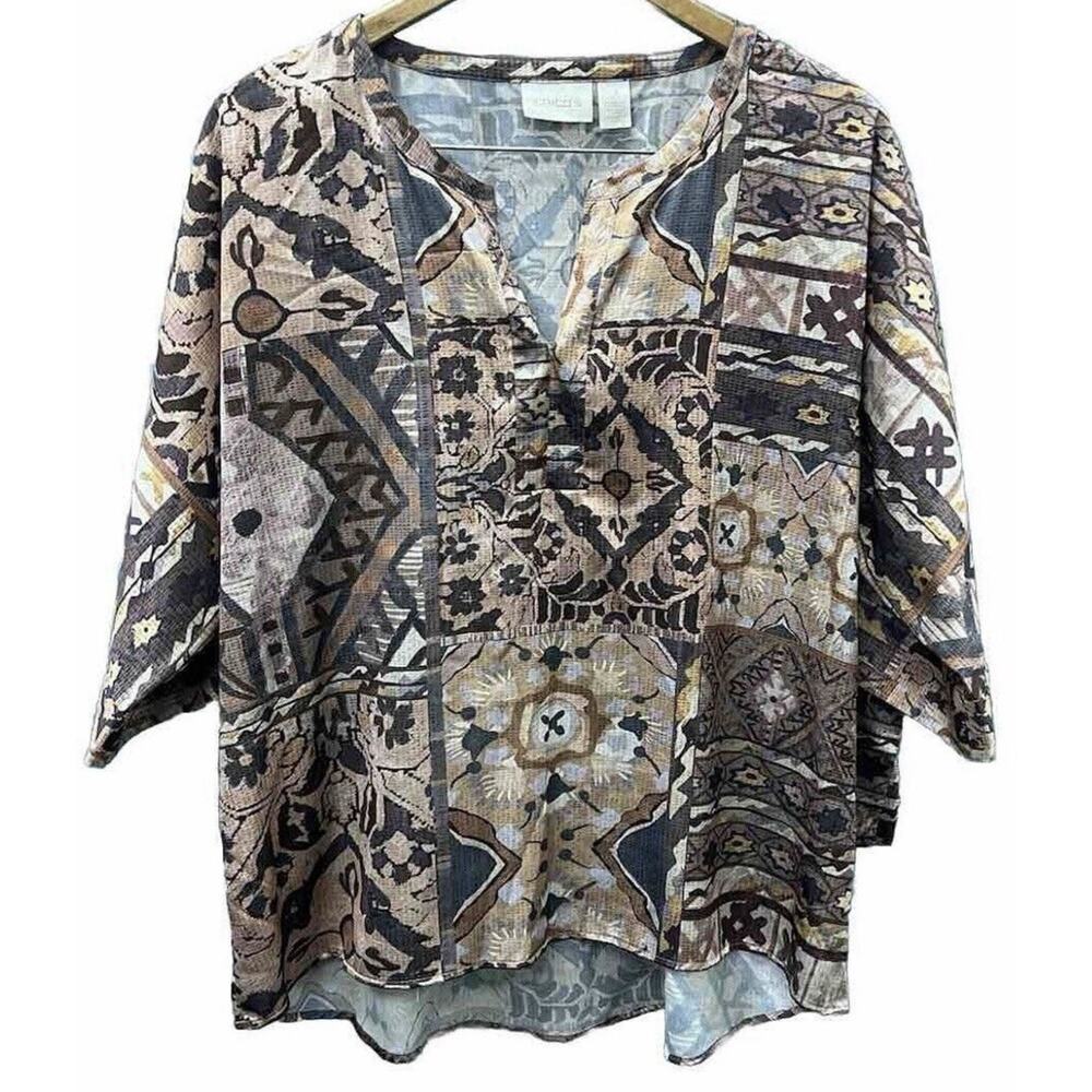 Chico's Women’s xl Aztec Brown Print Gold silky tie sleeves career Tribal Size 3